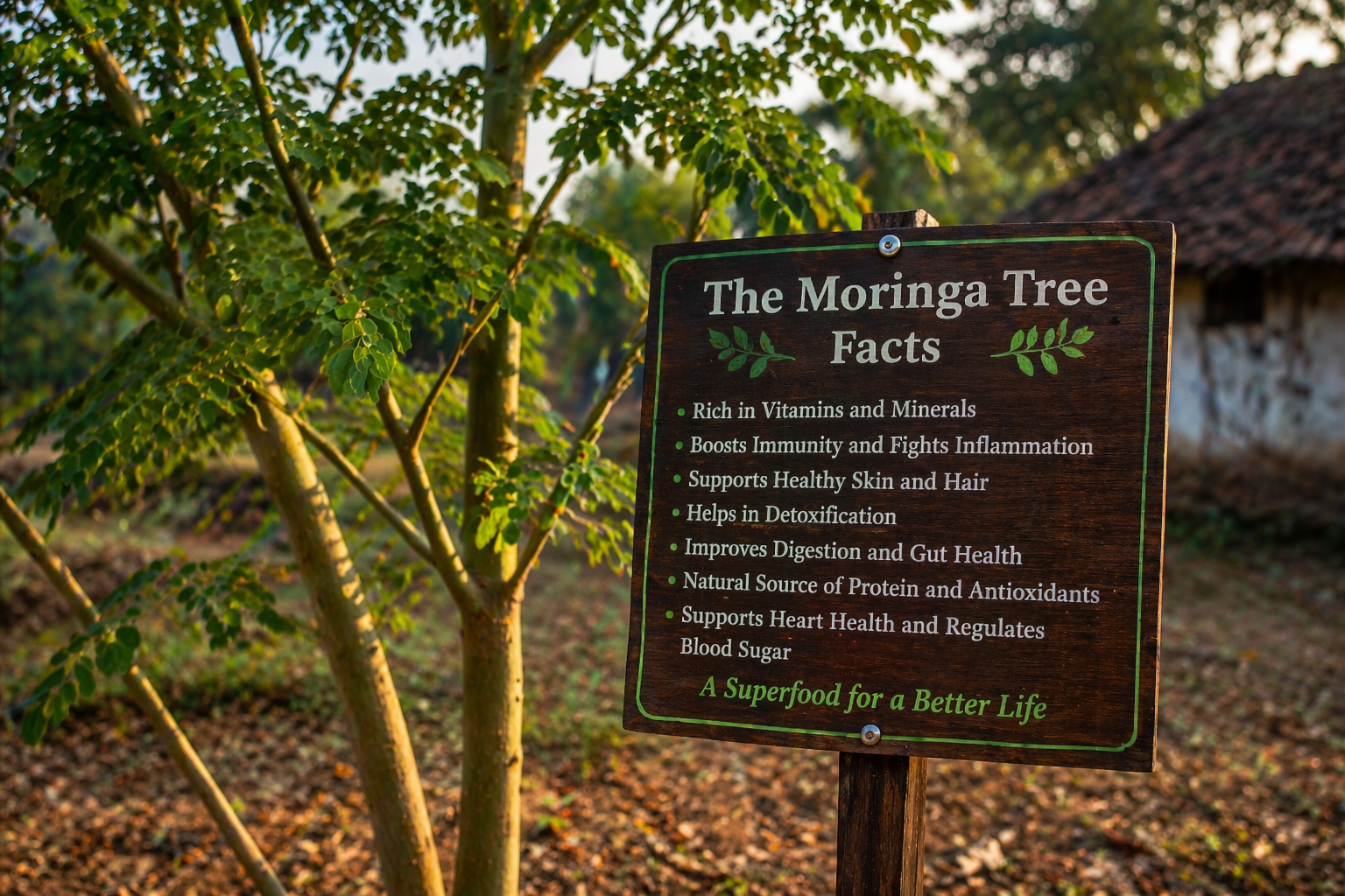 Moringa tree in natural sunlight with a wooden sign highlighting key health benefits, including immunity boost, antioxidants, and nutritional value, known as the “miracle tree” superfood.