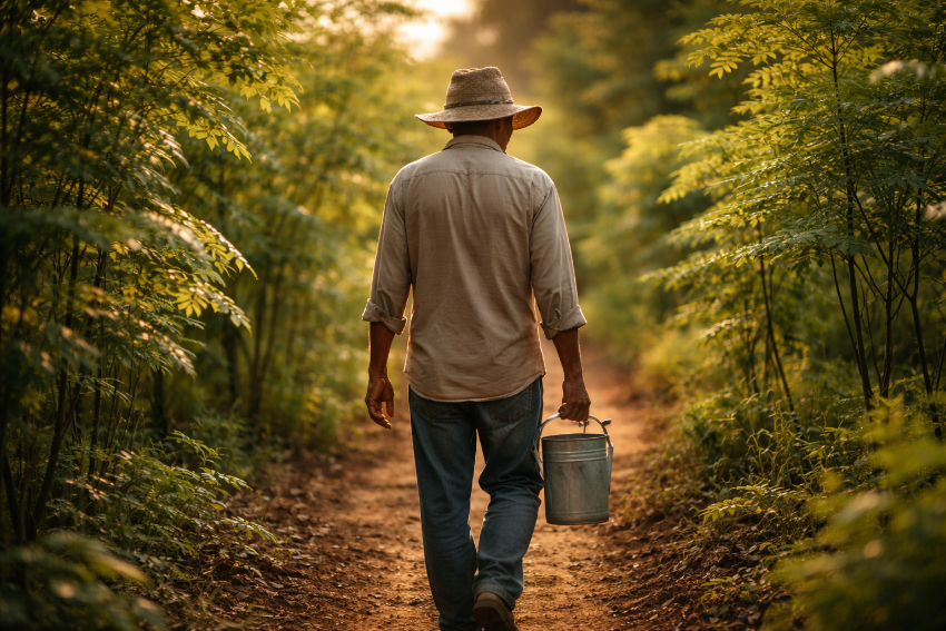Sicilian Farmer walking along a dirt path between lush moringa trees on a moringa farm during golden hour, carrying a metal watering bucket in a sustainable organic plantation.