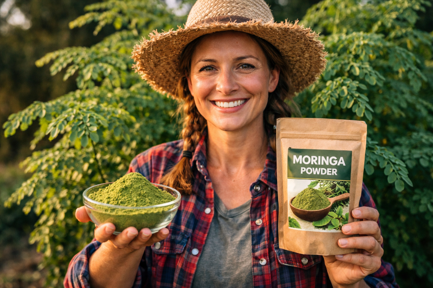 Smiling female farmer holding organic Moringa Powder from Sicily in a bowl and eco-friendly package, standing in a lush moringa plantation with vibrant green leaves in the background.