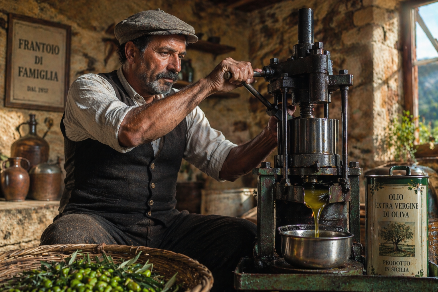 Sicilian farmer pressing fresh moringa oil using a traditional cold-press machine in a rustic workshop with cinematic lighting and rich textures